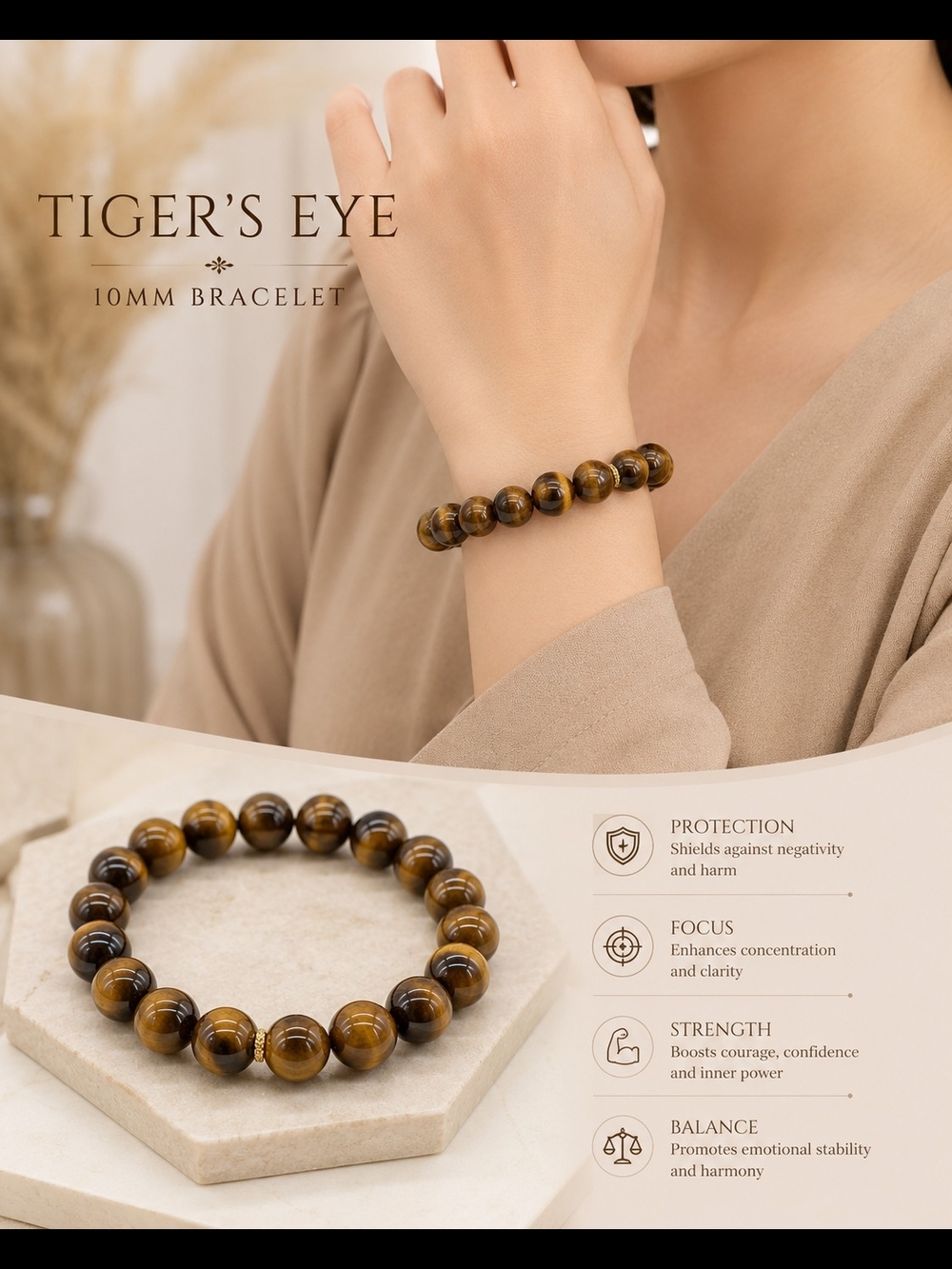 Tiger's Eye 10mm Beaded Bracelet - Brown